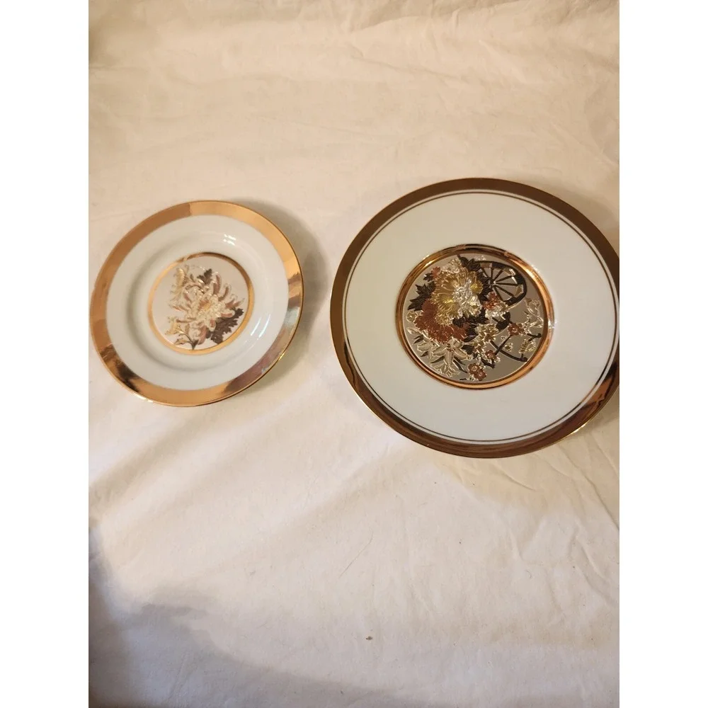 The‎ Art Of Chokin 24 Kt Gold Edge Plate Set Of 2 Flowers EUC